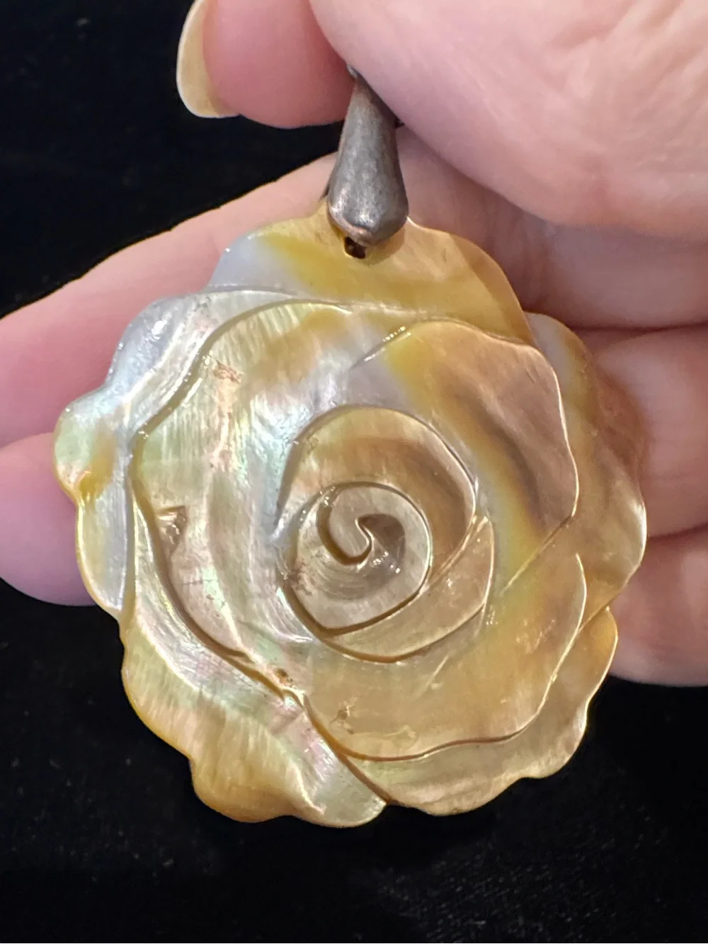 Lovely Iridescent Mother-of-Pearl Rose Pendant